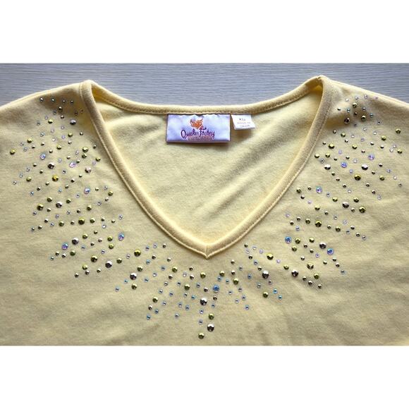 Top/Blouse-Quacker Factory-Yellow-V-Neck-Rhinestones-Sequins-3/4 Sleeves-XL - Picture 4 of 12